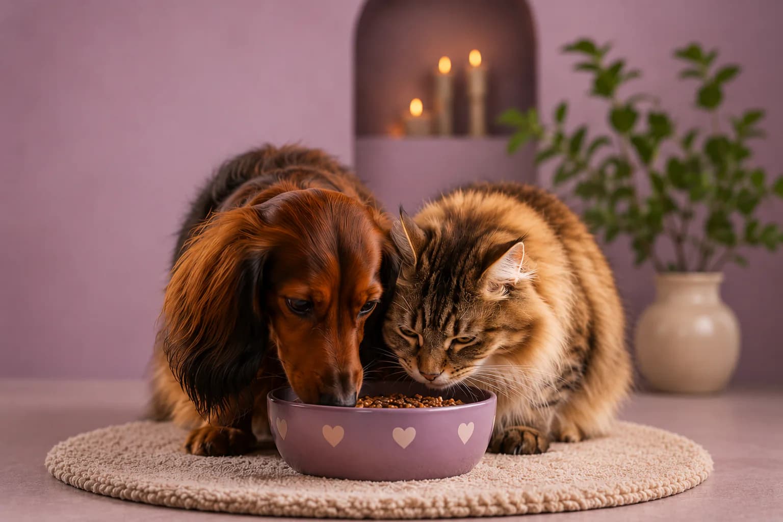Hond en kat samen aan het eten bij de Diepgaande Etiketcheck van Happy Tails.