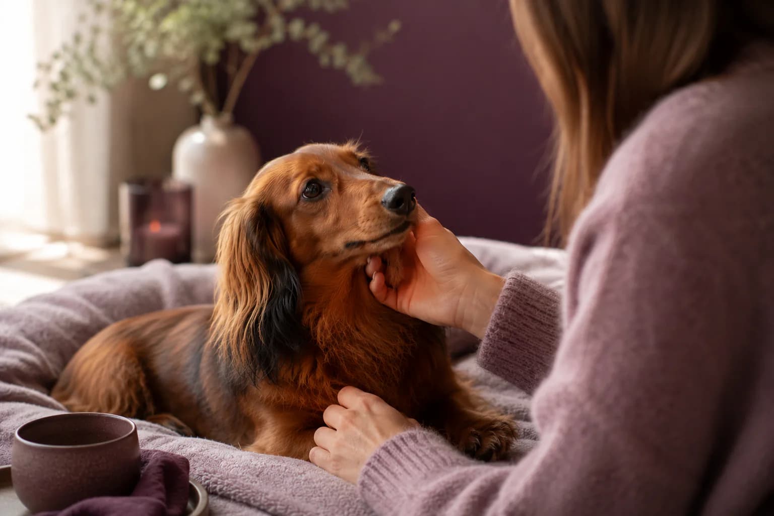 Vrouw met langharige teckel op schoot, Happy Tails nieuwsbrief
