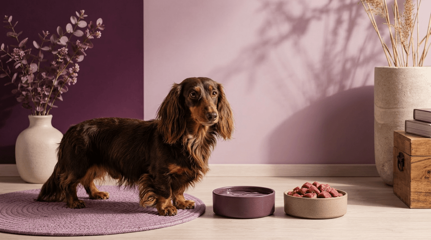 Langharige teckel bij de voerbak, passend bij de teckel voedingsrapportage van Happy Tails.