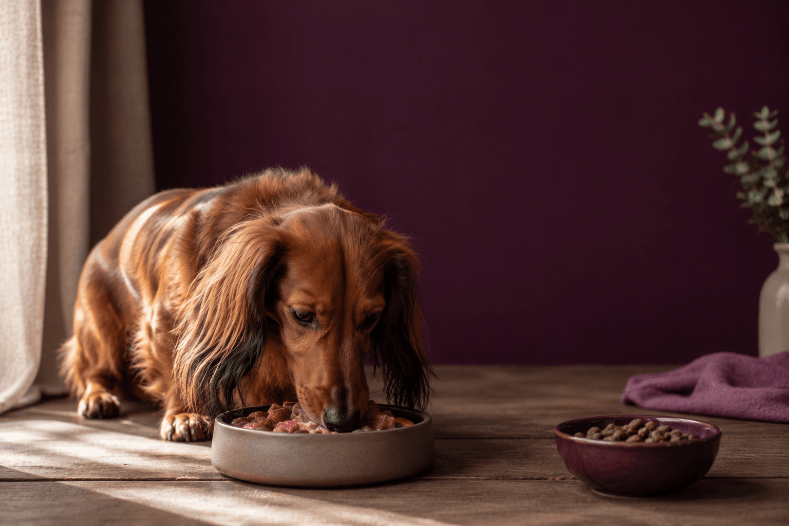 Langharige teckel die eet bij het Persoonlijk Voedingsrapport van Happy Tails.