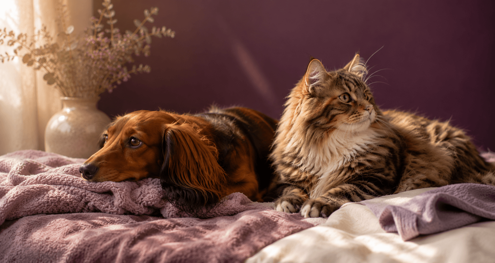Langharige teckel en kat die samen ontspannen liggen bij de gratis tools van Happy Tails.