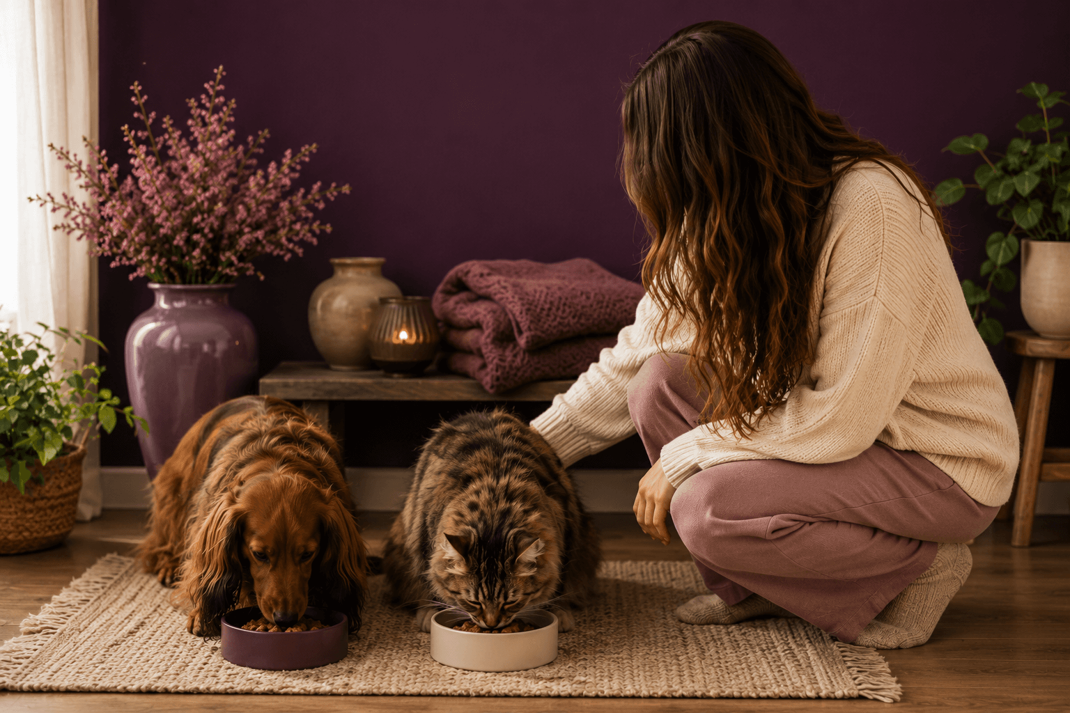 Vrouw met langharige teckel en kat tijdens een rustig eetmoment bij uitleg over wat je ontvangt bij het Persoonlijk Voedingsrapport.