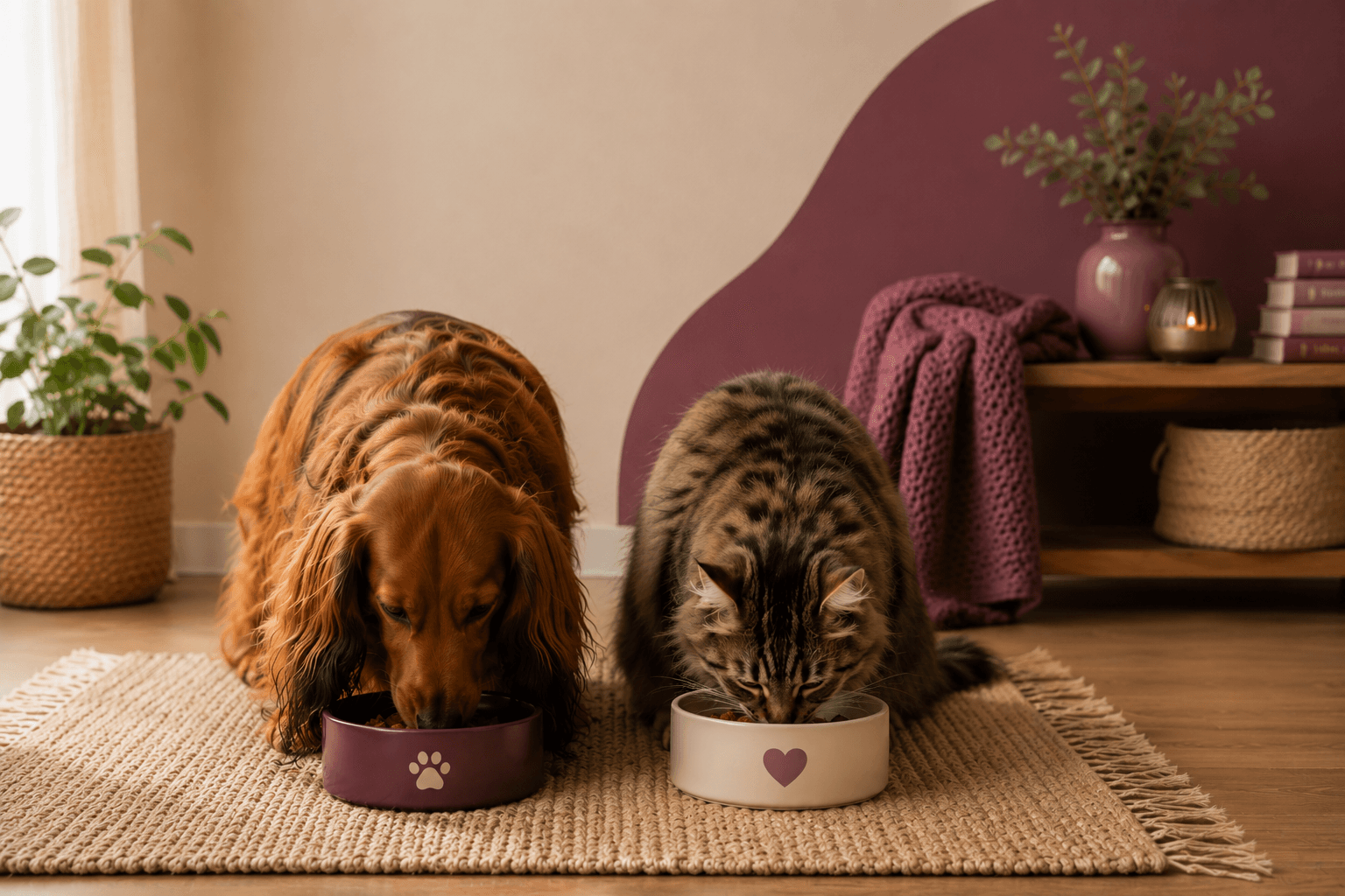 Langharige teckel en kat die samen eten bij uitleg voor wie het Persoonlijk Voedingsrapport geschikt is.